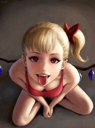 Rule 34 | 1girl, blonde hair, breasts, cleavage, commentary, cowboy western, crystal, downblouse, english commentary, fangs, flandre scarlet, highres, looking at viewer, medium breasts, open mouth, red eyes, ribbon, sexually suggestive, side ponytail, smile, solo, tank top, teeth, tongue, tongue out, touhou, wings, yyf (seaknight)