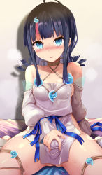 Rule 34 | 1girl, bare shoulders, black hair, blue eyes, blue ribbon, blush, breasts, collarbone, crotch, dress, fate/grand order, fate/requiem, fate (series), gluteal fold, highres, jewelry, long sleeves, looking at viewer, magatama, magatama hair ornament, magatama necklace, medium breasts, medium hair, multicolored hair, necklace, pelvic curtain, pink hair, puffy long sleeves, puffy sleeves, ribbon, sen (astronomy), short dress, sideboob, sideless outfit, sidelocks, sitting, solo, spread legs, streaked hair, sweat, thighs, utsumi erice, white dress