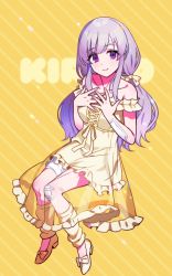 Rule 34 | 1girl, bandaged leg, bandages, bare shoulders, bow, breasts, character name, collarbone, commentary request, dot nose, dress, footwear bow, grey hair, hair ribbon, hands on own chest, highres, idolmaster, idolmaster shiny colors, invisible chair, leg warmers, legs, long hair, looking at viewer, low twintails, over shoulder, purple eyes, ribbon, see-through, see-through dress, shoes, sidelocks, sitting, small breasts, smile, solo, striped, striped background, thighs, twintails, yellow background, yellow dress, yellow footwear, yellow ribbon, yukoku kiriko, yuura