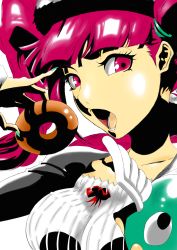Rule 34 | 1girl, absurdres, bad id, bad pixiv id, bleach, breasts, crooz, dokugamine riruka, doughnut, eating, eyelashes, food, hat, highres, long hair, nail polish, open mouth, pink eyes, pink hair, pinky out, solo, twintails, upper body