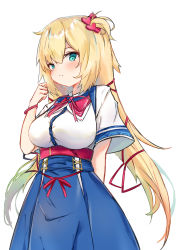 Rule 34 | 1girl, absurdres, akai haato, akai haato (1st costume), arm behind back, blonde hair, blue eyes, blush, breasts, closed mouth, fujimaki nora, hair between eyes, hair ornament, hair ribbon, heart, heart hair ornament, highres, hololive, large breasts, long hair, looking at viewer, low twintails, neck ribbon, one side up, ribbon, short sleeves, simple background, solo, twintails, virtual youtuber, white background, wide sleeves