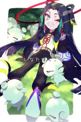 Rule 34 | 1boy, ;d, black hair, black pants, blonde hair, blush, child, chinese clothes, commentary request, earrings, echo (circa), eyeshadow, fate/grand order, fate (series), full body, gloves, green eyes, green hair, halo, jewelry, con (fate), leg tattoo, long hair, long sleeves, looking at viewer, makeup, male focus, multicolored hair, one eye closed, open mouth, pale skin, pants, red eyeshadow, sitting, sleeping, smile, taisui xingjun (fate), tattoo, teeth, text background