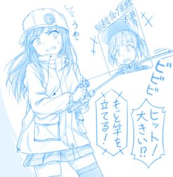 Rule 34 | +++, 2girls, ^^^, asashio (kancolle), blue theme, clenched teeth, fishing rod, gotou hisashi, hat, holding, holding fishing rod, jacket, kantai collection, long hair, long sleeves, multiple girls, ooshio (kancolle), open mouth, pleated skirt, simple background, skirt, speech bubble, teeth, thighhighs, translation request, twintails, white background
