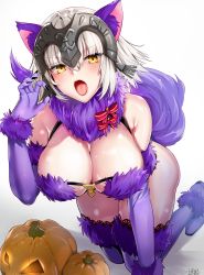 Rule 34 | 1girl, all fours, animal ears, blonde hair, blush, breasts, cosplay, elbow gloves, fate/grand order, fate (series), fellatio gesture, fingernails, fur trim, gloves, halloween costume, headpiece, jack-o&#039;-lantern, jeanne d&#039;arc (fate), jeanne d&#039;arc (ruler) (fate), jeanne d&#039;arc alter (avenger) (fate), jeanne d&#039;arc alter (fate), kojima saya, large breasts, looking at viewer, mash kyrielight, mash kyrielight (dangerous beast), mash kyrielight (dangerous beast) (cosplay), official alternate costume, open mouth, pumpkin, purple gloves, purple thighhighs, revealing clothes, sharp fingernails, short hair, simple background, solo, tail, thighhighs, tongue, tongue out, white background, wolf ears, wolf tail, yellow eyes
