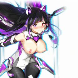 Rule 34 | 1girl, bad id, bad pixiv id, black hair, blush, breasts, closed mouth, closers, glowing, glowing eye, heterochromia, kollagom, large breasts, levia (closers), long hair, looking at viewer, nipples, nose blush, pointy ears, purple eyes, purple hair, red eyes, silhouette, smile, solo, thigh gap, very long hair, white background