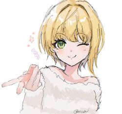 Rule 34 | 1girl, ;q, bare shoulders, blonde hair, blush, fur shirt, green eyes, gyaru v, hair intakes, hatsuse (h2sn000), highres, idolmaster, idolmaster cinderella girls, looking at viewer, miyamoto frederica, one eye closed, shirt, short hair, simple background, sketch, solo, striped clothes, striped shirt, tongue, tongue out, twitter username, upper body, v, white background