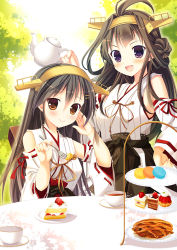 Rule 34 | &gt;:d, 10s, 2girls, :d, ahoge, bad id, bad pixiv id, bare shoulders, blush, brown eyes, brown hair, cake, cake slice, cup, detached sleeves, double bun, food, fork, fruit, grey hair, hand on own hip, haruna (kancolle), headgear, kantai collection, kongou (kancolle), long hair, looking at viewer, macaron, moi (licoco), multiple girls, nontraditional miko, open mouth, outdoors, pie, plate, pleated skirt, purple eyes, sitting, skirt, smile, standing, strawberry, strawberry shortcake, table, teacup, teapot, tiered tray, v-shaped eyebrows