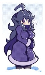 Rule 34 | 1girl, @ @, alternate breast size, breath, coat, creatures (company), game freak, gloves, hex maniac (pokemon), highres, legendofnerd, long hair, looking at viewer, nintendo, own hands together, pants, pokemon, pokemon xy, purple coat, purple eyes, purple gloves, purple hair, purple pants, purple scarf, scarf, snow, winter clothes, winter coat