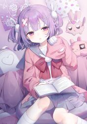 Rule 34 | 1girl, absurdres, backpack, bag, bandaid, blush, book, bow, bowtie, cardigan, cushion, feet out of frame, grey sailor collar, grey skirt, hair ornament, hairclip, heart, highres, holding, holding book, indoors, jacket, long sleeves, looking at viewer, medium hair, open book, open clothes, open mouth, original, parted lips, pink cardigan, pleated skirt, poster (object), purple eyes, purple hair, rabbit hair ornament, red bow, sailor collar, school uniform, serafuku, shirt, sitting, skirt, sleeves past fingers, sleeves past wrists, socks, solo, stuffed animal, stuffed rabbit, stuffed toy, two side up, usanta, watermark, white shirt, white socks