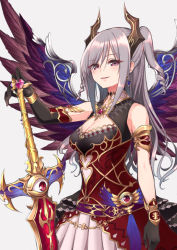 Rule 34 | 1girl, asymmetrical gloves, bad id, bad pixiv id, black dress, black gloves, breasts, cleavage, cleavage cutout, clothing cutout, commentary request, dress, earrings, elbow gloves, feathered wings, gem, gloves, grey background, grey hair, hair over one eye, horns, huge weapon, idolmaster, idolmaster cinderella girls, idolmaster cinderella girls starlight stage, jewelry, kanzaki ranko, kemololi, large breasts, light smile, long hair, looking at viewer, multicolored clothes, multicolored dress, purple eyes, red dress, simple background, single elbow glove, solo, sword, uneven gloves, weapon, wings