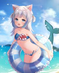 Rule 34 | 1girl, absurdres, adapted costume, animal ears, beach, bikini, blue bikini, blue eyes, blue hair, blue sky, blunt bangs, breasts, cat ears, cloud, commentary request, day, fins, fish tail, gawr gura, grey hair, hair ornament, highres, hololive, hololive english, horizon, innertube, medium hair, multicolored hair, navel, nekopurin (nyanko prin), ocean, outdoors, shark girl, shark hair ornament, shark tail, sharp teeth, short twintails, sky, small breasts, solo, streaked hair, swim ring, swimsuit, tail, teeth, twintails, two side up, virtual youtuber