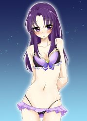 Rule 34 | 10s, 1girl, adapted costume, bikini, blush, breasts, cleavage, closed mouth, embarrassed, happinesscharge precure!, highleg, highleg bikini, highres, hikawa iona, long hair, looking to the side, navel, precure, purple eyes, purple hair, shy, solo, standing, swimsuit