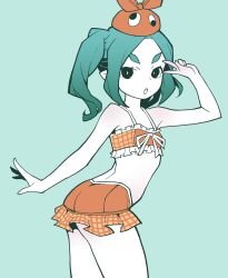 1girl :o absurdres akableak aqua_background aqua_hair bare_shoulders bikini colored_skin cowboy_shot googly_eyes green_background green_hair hat highres long_hair looking_at_viewer monogatari_(series) ononoki_yotsugi open_mouth orange_bikini orange_hat plaid_bikini plaid_clothes plaid_skirt short_eyebrows simple_background skirt solo swimsuit thick_eyebrows twintails v v_over_eye