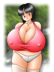 Rule 34 | 1girl, black hair, blush, bob cut, breasts, cleavage, gigantic breasts, looking at viewer, nipples, outdoors, plump, seastone, short hair, shorts, skindentation, smile, solo, sweat, thick thighs, thighhighs, thighs