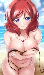 Rule 34 | 1girl, alternate breast size, beach, bikini, blue sky, breasts, cleavage, cloud, collarbone, covering privates, covering breasts, day, highres, jewelry, kirisaki reina, large breasts, looking at viewer, love live!, love live! school idol project, navel, necklace, nishikino maki, ocean, outdoors, purple eyes, red hair, sand, short hair, sky, solo, swimsuit, untied bikini, yellow bikini