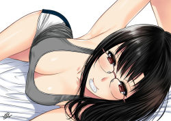 Rule 34 | 1girl, arm up, armpits, black hair, blush, breasts, cleavage, condom, condom in mouth, female focus, glasses, long hair, looking at viewer, mouth hold, naye (xter), original, red eyes, shorts, solo, xter