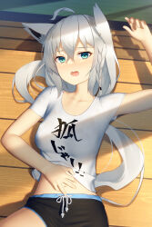 Rule 34 | 1girl, ahoge, animal ear fluff, animal ears, arm up, black shorts, blush, braid, breasts, commentary request, earrings, fox ears, fox girl, green eyes, hair between eyes, hand on own stomach, highres, hololive, jewelry, long hair, looking at viewer, lying, midriff, navel, on back, open mouth, shirai yu, shirakami fubuki, shirt, short shorts, short sleeves, shorts, sidelocks, single braid, small breasts, solo, virtual youtuber, white hair, white shirt