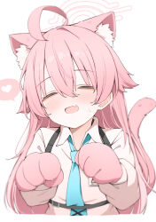 Rule 34 | 1girl, ahoge, animal ears, animal hands, blue archive, blue necktie, blush, cat ears, cat tail, closed eyes, collared shirt, fang, gloves, hair between eyes, halo, heart, highres, hoshino (blue archive), long hair, long sleeves, necktie, open mouth, paw gloves, pink hair, pink halo, shirt, simple background, skin fang, solo, spoken heart, tail, white background, white shirt, yuukun mk-ii