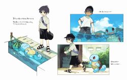 Rule 34 | 1boy, blouse, creatures (company), food, fruit, game freak, gen 1 pokemon, highres, multiple views, newo (shinra-p), nintendo, pokemon, pokemon (creature), shirt, smile, squirtle, wading, walking, water, watermelon, white shirt