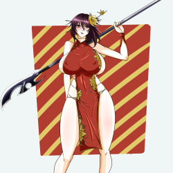 Rule 34 | 1girl, absurdres, action taimanin, alternate costume, artist request, bare legs, bare shoulders, breast press, breasts, chinese clothes, curvy, dress, fingernails, flower, flower on head, hair ornament, highres, holding, holding weapon, huge breasts, looking at viewer, micro panties, mizuki shiranui, nail polish, official alternate costume, panties, pelvic curtain, polearm, revealing clothes, shiny skin, short dress, side-tie panties, sideboob, simple background, smile, solo, standing, taimanin (series), taimanin yukikaze, underwear, weapon, wide hips
