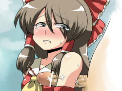 Rule 34 | 1boy, 1girl, armpit sex, bar censor, blush, bow, breasts, brown hair, censored, clenched teeth, clothed female nude male, collarbone, cum, eyes visible through hair, hair bow, hair ornament, hakurei reimu, half-closed eyes, hetero, highres, long hair, looking at viewer, looking back, nude, penis, pointless censoring, solo focus, tears, teeth, touhou, tukiwani, upper body, veins, veiny penis