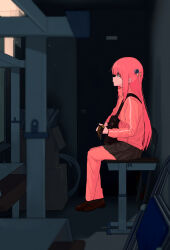 Rule 34 | 1girl, black skirt, bocchi the rock!, cube hair ornament, desk, electric guitar, from side, gibson les paul, gotoh hitori, guitar, hair ornament, highres, instrument, jacket, long hair, long sleeves, looking ahead, music, on desk, one side up, pants, pants under skirt, pink hair, playing instrument, pleated skirt, profile, sidelocks, sitting, skirt, solo, some1else45, track jacket, track pants, very long hair, warehouse