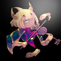 Rule 34 | ahoge, ascot, black background, bow (music), buttons, cape, closed mouth, commentary request, dark skin, disembodied limb, extra ears, extra hands, fang, fang out, gloves, green cape, green vest, heterochromia, holding, holding bow (music), holding instrument, holding violin, horns, instrument, kirby (series), looking at object, music, nintendo, no humans, one eye closed, playing instrument, red ascot, shirushiki, short hair, solid oval eyes, solo, striped cape, taranza, v-shaped eyebrows, vest, violin, wavy mouth, white eyes, white gloves, white hair, yellow eyes, yellow horns
