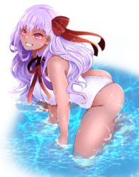 Rule 34 | 1girl, all fours, arano oki, ass, bb (fate), bb (fate) (all), bb (swimsuit mooncancer) (fate), bb (swimsuit mooncancer) (third ascension) (fate), breasts, commentary request, dark-skinned female, dark skin, fate/grand order, fate (series), grin, large breasts, leotard, long hair, looking at viewer, purple eyes, purple hair, red ribbon, ribbon, smile, soaking feet, solo, water, wet, white leotard
