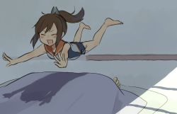 Rule 34 | 1girl, 1other, annin musou, bad id, bad twitter id, barefoot, blouse, brown hair, diving, closed eyes, full body, futon, hair ornament, hairclip, i-401 (kancolle), kantai collection, long hair, one-piece swimsuit, open mouth, ponytail, sailor collar, school swimsuit, shirt, sleeveless, sleeveless shirt, smile, swimsuit, swimsuit under clothes, white shirt