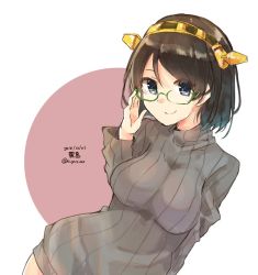 Rule 34 | 1girl, adjusting eyewear, black hair, blue eyes, character name, circle, commentary request, cowboy shot, dated, glasses, green-framed eyewear, grey sweater, hairband, headgear, kantai collection, kirishima (kancolle), looking at viewer, one-hour drawing challenge, ribbed sweater, short hair, solo, sweater, twitter username, two-tone background, u yuz xx, upper body, white background