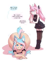 Rule 34 | 2girls, ahoge, animal ears, ass, ass shake, bare shoulders, bent over, blue eyes, blue hair, boots, borvar, bottomless, breasts, cleavage, curvy, english text, female pervert, highres, huge ass, long hair, looking at viewer, medium breasts, motion lines, multicolored hair, multiple girls, nyatasha nyanners, pervert, pink hair, purple eyes, silvervale, skirt, sleeveless, small breasts, smile, speech bubble, tail, thick thighs, thighhighs, thighs, twintails, virtual youtuber, vshojo, white background, wide hips, wolf ears, wolf girl, wolf tail