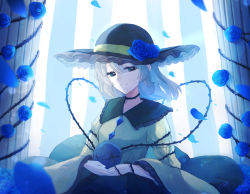 Rule 34 | 1girl, black hat, blouse, blue flower, blue rose, blue theme, buttons, closed mouth, commentary, diamond button, flower, frilled shirt collar, frilled sleeves, frills, green eyes, green skirt, hair between eyes, hat, hat flower, highres, holding, komeiji koishi, light green hair, long sleeves, looking at viewer, medium hair, nano popo02, own hands together, pillar, rose, shirt, skirt, smile, solo, stitches, third eye, thorns, touhou, upper body, wide sleeves, yellow shirt