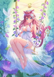 Rule 34 | 1girl, animal ear fluff, animal ears, anklet, bare shoulders, barefoot, bird, blush, breasts, brown hair, cat ears, cat tail, character request, closed mouth, copyright request, dove, dress, extra ears, flower, full body, gloves, hair flower, hair ornament, highres, jewelry, ken-san, legs together, looking at viewer, medium breasts, morning glory, oversized flower, purple flower, smile, swing, tail, thigh strap, virtual youtuber, white dress, white gloves