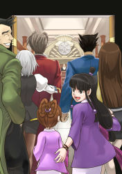 Rule 34 | 3boys, 4girls, ^ ^, ace attorney, asakusa, back, black eyes, black hair, blush, brown hair, closed eyes, courtroom, dick gumshoe, formal, franziska von karma, hair ornament, hand on another&#039;s back, japanese clothes, jewelry, judge, kimono, long hair, maya fey, mia fey, miles edgeworth, multiple boys, multiple girls, open mouth, pearl fey, phoenix wright, short hair, short kimono, skirt, smile, spiked hair, suit, the judge (ace attorney), thighhighs, walking, white hair