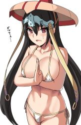 Rule 34 | 1girl, bikini, black hair, blush, breasts squeezed together, breasts, cowboy shot, crossed arms, fate/grand order, fate (series), hair between eyes, hat, large breasts, long hair, looking at viewer, open mouth, red eyes, shiseki hirame, side-tie bikini bottom, simple background, solo, standing, sweatdrop, swimsuit, translation request, very long hair, white background, white bikini, xuangzang sanzang (fate)