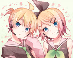 Rule 34 | 1boy, 1girl, ahoge, alternate costume, bass clef, blonde hair, blue eyes, blush, bow, brother and sister, cherry blossom print, detached sleeves, floral print, hair bow, hair ornament, hairclip, hand up, heads together, headset, kagamine len, kagamine rin, kuroi (liar-player), necktie, sailor collar, short hair, siblings, tattoo, translated, treble clef, twins, twitter username, upper body, vocaloid