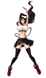 Rule 34 | 1girl, armpits, arms up, black thighhighs, breasts, brown hair, clothes lift, crop top, earrings, elbow gloves, final fantasy, final fantasy vii, final fantasy vii remake, fingerless gloves, gloves, highres, jewelry, large breasts, lips, long hair, low-tied long hair, lying, miniskirt, on back, panties, pantyshot, red eyes, red footwear, single glove, skirt, skirt lift, smile, solo, square enix, suspender skirt, suspenders, suspenders removed, swept bangs, tank top, thighhighs, tifa lockhart, underwear, white background, white panties, white tank top, zjl baiqishi