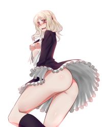 Rule 34 | 10s, 1girl, ass, blonde hair, blush, breasts, breasts out, diabolik lovers, embarrassed, from below, hair ornament, highres, kneehighs, komori yui, looking at viewer, no panties, open clothes, open shirt, pink eyes, shirt, simple background, small areolae, small breasts, small nipples, socks, solo, tagme, white background