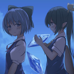Rule 34 | 2girls, blue dress, blue eyes, blue hair, blush, bow, cirno, daiyousei, dress, fairy wings, grabbing another&#039;s wing, gradient background, green eyes, green hair, hair bow, hair ribbon, ice, ice wings, multiple girls, pointy ears, pokio, puffy short sleeves, puffy sleeves, ribbon, saliva, saliva trail, shirt, short sleeves, side ponytail, touhou, wings, yuri