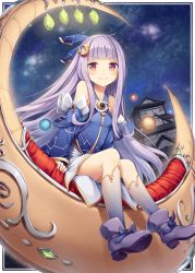 Rule 34 | 1girl, akkijin, bare shoulders, blue dress, blush, boots, card, choker, dress, eyebrows, gem, jewelry, kneehighs, looking at viewer, moon (ornament), night, night sky, on crescent, outdoors, pagoda, planet, purple hair, shinkai no valkyrie, sitting, sky, smile, socks, solo, thighs, yellow eyes