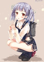 Rule 34 | 10s, 1girl, aged down, backpack, bad id, bad pixiv id, bag, blush, child, dress, glasses, hair ribbon, kantai collection, long sleeves, ooshio (kancolle), ooshio kai ni (kancolle), open mouth, pinafore dress, red-framed eyewear, red eyes, ribbon, shirt, silver hair, skirt, sleeveless, sleeveless dress, solo, sousouman, squatting, torn clothes, torn dress, torn shirt, torn skirt, torn sleeves, twintails