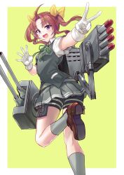Rule 34 | 1girl, absurdres, adapted turret, ahoge, bike shorts, brown footwear, brown hair, cannon, collared shirt, commission, dress shirt, feet out of frame, from behind, gloves, green ribbon, grey skirt, grey socks, grey vest, hair ribbon, highres, kagerou (kancolle), kantai collection, loafers, long hair, looking at viewer, looking back, machinery, neck ribbon, ooike teru, pleated skirt, purple eyes, ribbon, running, school uniform, shirt, shoes, short sleeves, shorts, shorts under skirt, skeb commission, skirt, socks, solo, torpedo launcher, turret, twintails, vest, white gloves, white shirt, yellow ribbon