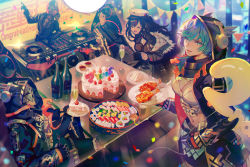 Rule 34 | 2girls, 2others, absurdres, anniversary, balloon, black gloves, blurry, blurry background, bottle, breasts, cake, cake slice, check copyright, chicken (food), chromatic aberration, cleavage, confetti, copyright request, dj, food, gloves, highres, holding, holding plate, hood, huge filesize, knives out, long sleeves, mask, mebaru, midriff, multiple girls, multiple others, navel, official art, phonograph, plate, sitting, speaker, string of flags, sushi, turntable, white headwear, wine bottle