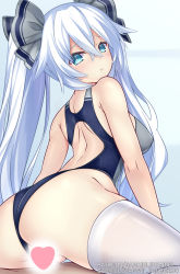 Rule 34 | 1boy, 1girl, alternate costume, black heart (neptunia), blush, breasts, censored, choujigen game neptune, competition swimsuit, gabriel evangel, green eyes, hair between eyes, hair ribbon, heart, heart censor, highres, long hair, looking at viewer, medium breasts, neptune (series), noire (neptunia), one-piece swimsuit, reverse cowgirl position, ribbon, sex, sex from behind, simple background, skindentation, straddling, swimsuit, thighhighs, twintails, white hair