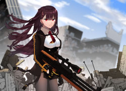 Rule 34 | 1girl, absurdres, artist request, blue sky, building, bullpup, city, cloud, cloudy sky, commentary request, girls&#039; frontline, gloves, gun, highres, looking at viewer, purple hair, red eyes, rifle, ruins, scope, sky, sniper rifle, solo, wa2000 (girls&#039; frontline), walther, walther wa 2000, weapon
