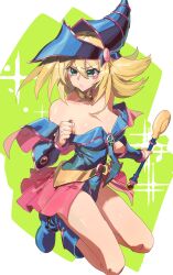 Rule 34 | 1girl, absurdres, artist request, bare shoulders, blonde hair, blue footwear, blue hat, blush stickers, boots, breasts, cleavage, collarbone, dark magician girl, duel monster, green background, green eyes, hair between eyes, hat, highres, holding, holding staff, large breasts, long hair, solo, staff, witch hat, yu-gi-oh!