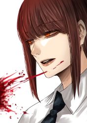 Rule 34 | 1girl, black necktie, blood, chainsaw man, collared shirt, formal, highres, hoshi san 3, long hair, makima (chainsaw man), necktie, office lady, open mouth, red hair, ringed eyes, shirt, simple background, solo, suit, white background, white shirt, yellow eyes