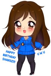 Rule 34 | 1girl, birthday, black footwear, black pants, blue hoodie, blue sleeves, blush, brown eyes, brown hair, commentary, deformed, english commentary, english text, eyelashes, gift art, hair over shoulder, happy birthday, hood, hood down, hoodie, libra (symbol), long hair, long sleeves, looking at viewer, nyahallo, open mouth, original, outline, pants, shoes, sleeves past wrists, smile, solo, transparent background, white outline