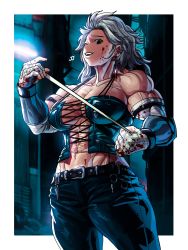 Rule 34 | 1girl, abs, bandages, belt, biceps, blood, breasts, clothing cutout, cross-laced clothes, cross-laced cutout, dorohedoro, elbow gloves, gloves, highres, large breasts, long hair, looking at viewer, muscular, muscular female, noi (dorohedoro), red eyes, smile, solo, sparkeyjinjin, tank top, veins, veiny arms, white hair
