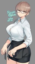 Rule 34 | 1girl, 2020, agawa ryou, artist name, black-framed eyewear, black skirt, breasts, brown eyes, brown hair, commentary, dated, glasses, grey background, large breasts, looking at viewer, original, parted lips, shirt, short hair, signature, simple background, skirt, solo, white shirt
